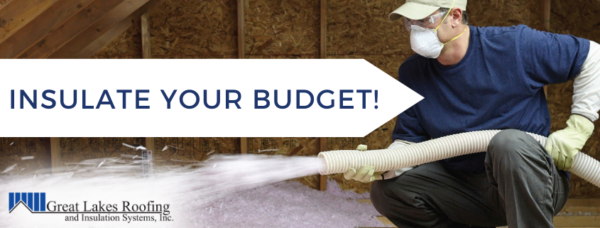 Michigan insulation experts applying insulation for energy-efficient commercial roofing with 'INSULATE YOUR BUDGET!' text