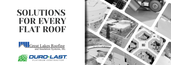 Aerial view of commercial roofs with text: "Solutions for Every Flat Roof" – Duro-Last Platinum Contractor.